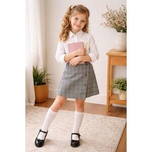 Kiddos 2 Piece White Button Up Plaid Skirt  Back To School Size Large